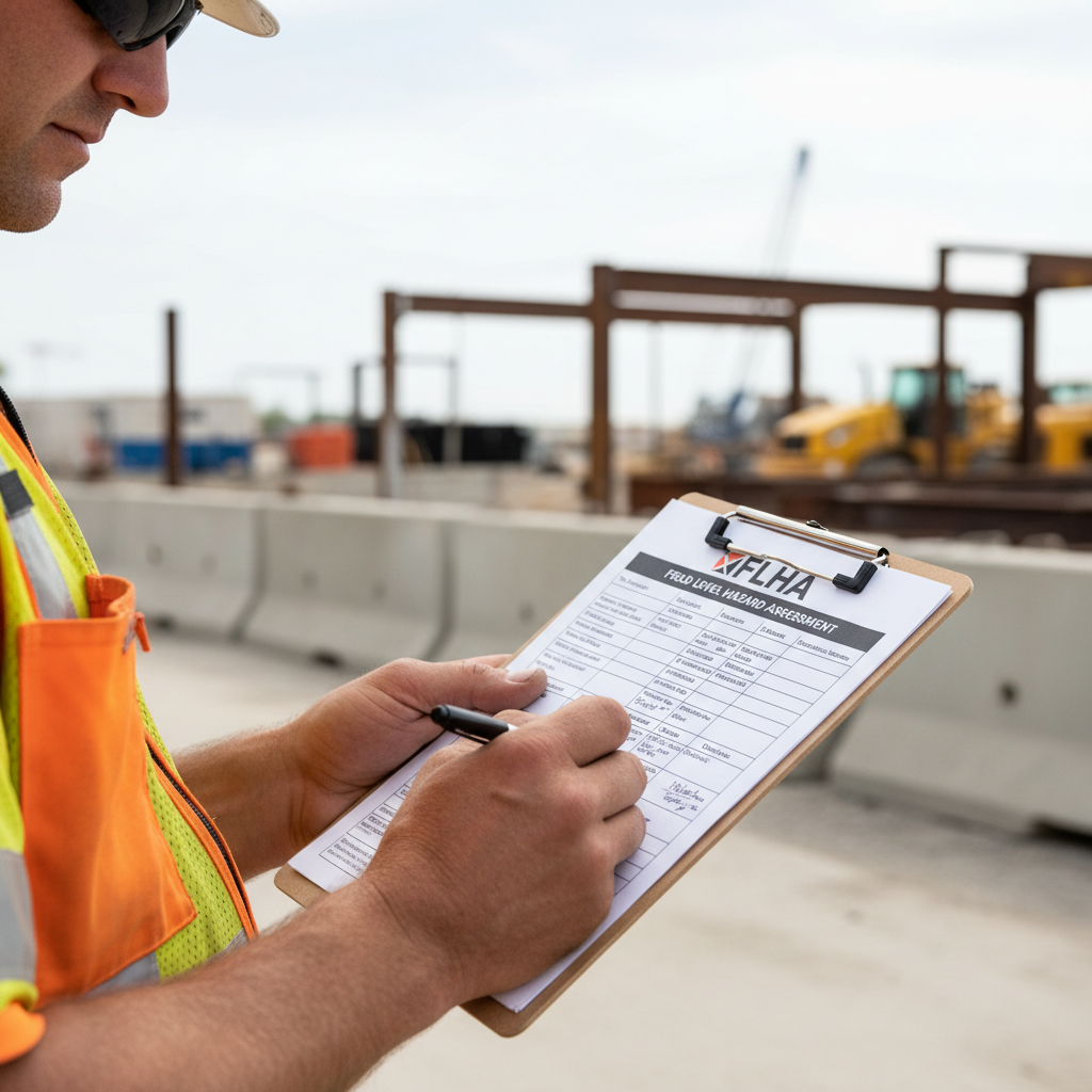 Construction worker filling out FLHA field level hazard assessment card, close up of hands and clipboard, high visibility vest
