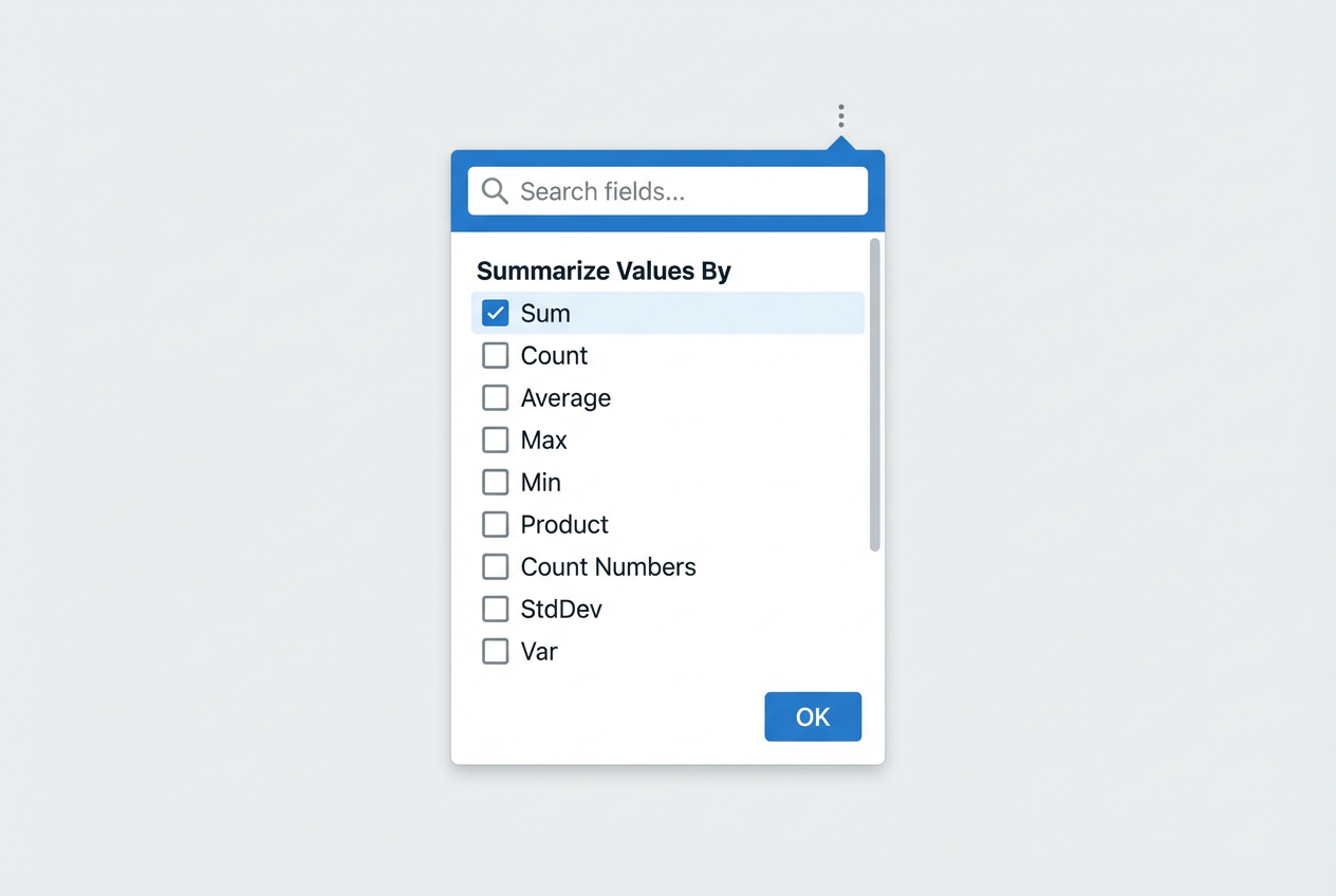 screenshot-style illustration of a pivot table summarize menu interface