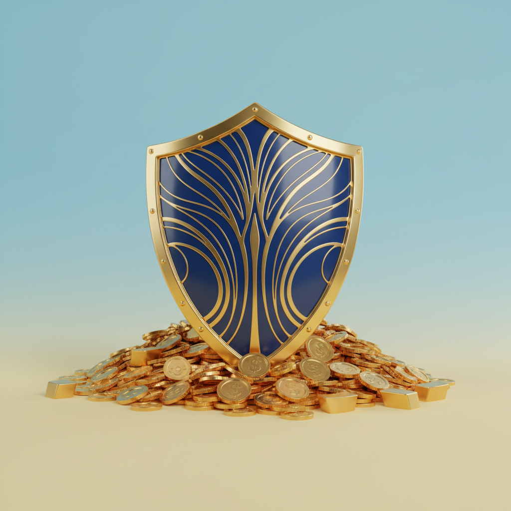 3D metallic shield protecting a pile of gold coins, soft studio lighting, blue and gold colors, clean background