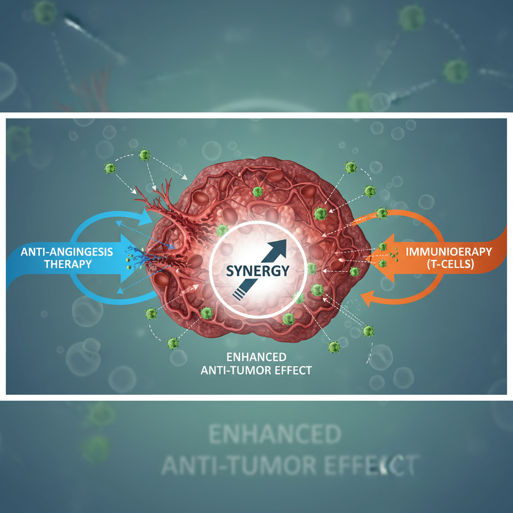Diagram showing synergy between anti-angiogenesis and immunotherapy T-cells attacking tumor