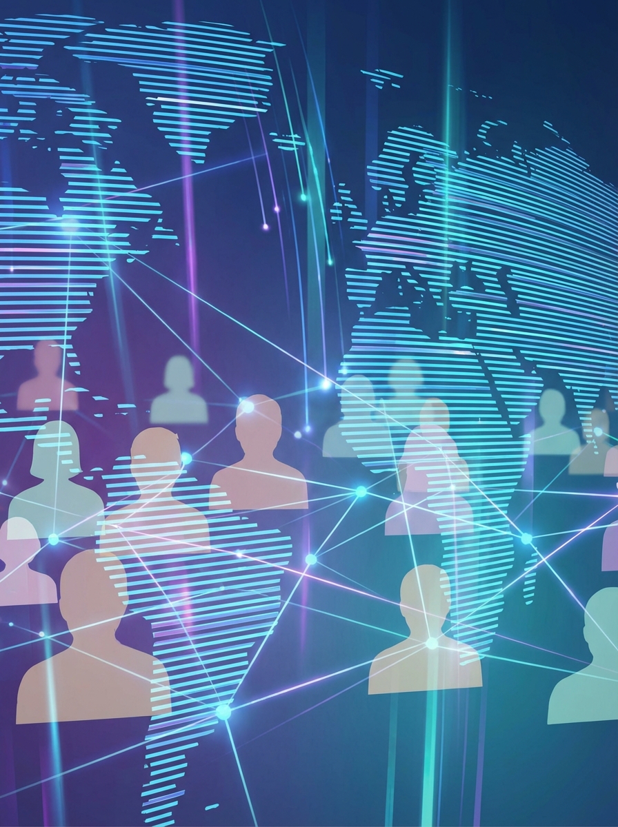 abstract representation of a target audience, silhouettes of people with connection lines, digital network global map background