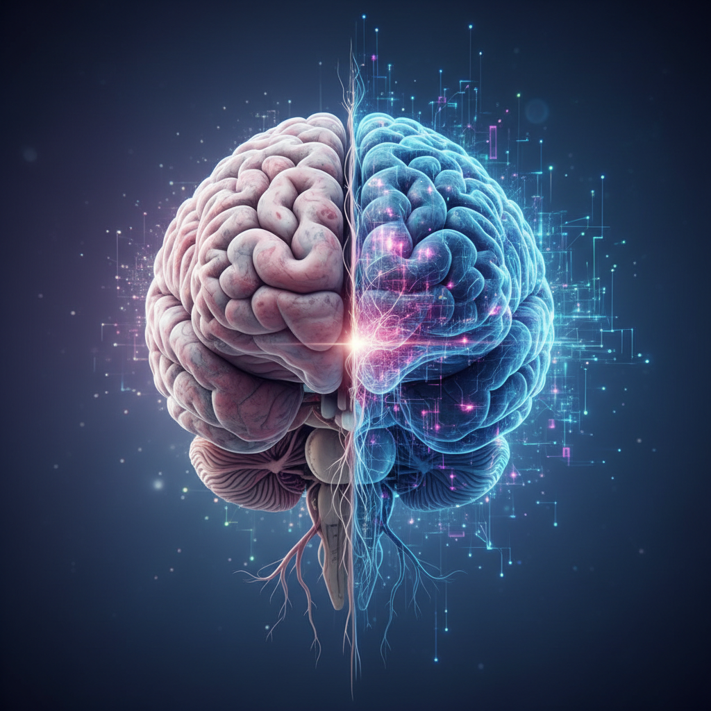 A split image showing a biological human brain on one side and a glowing digital neural network on the other, merging in the middle