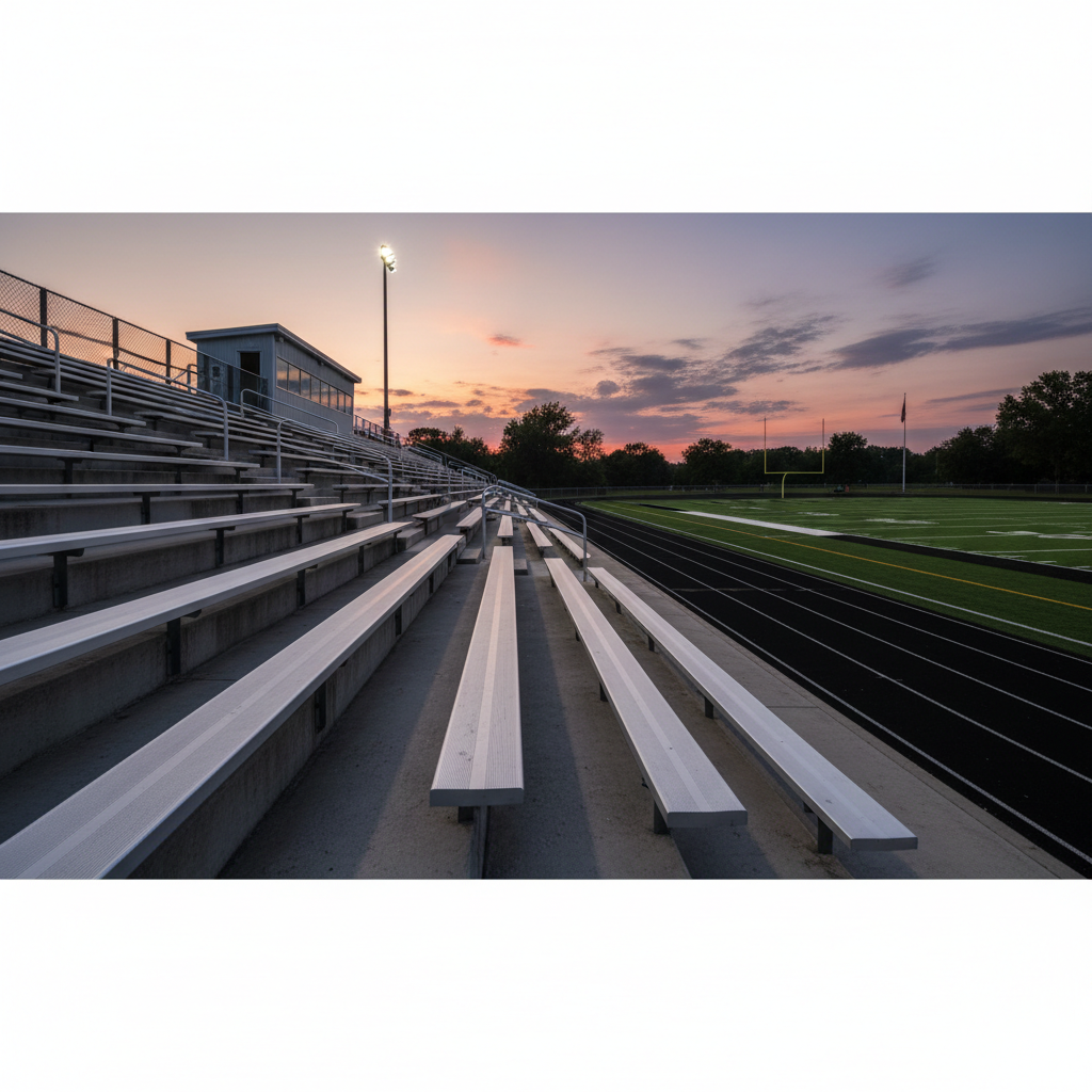 high school football field bleachers at dusk, empty, somber mood, photorealistic