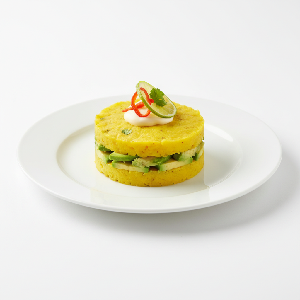 Professional food photography of a Causa Limeña plated elegantly on a white ceramic plate, minimalist style, bright lighting, yellow potato layers with avocado, high resolution studio shot
