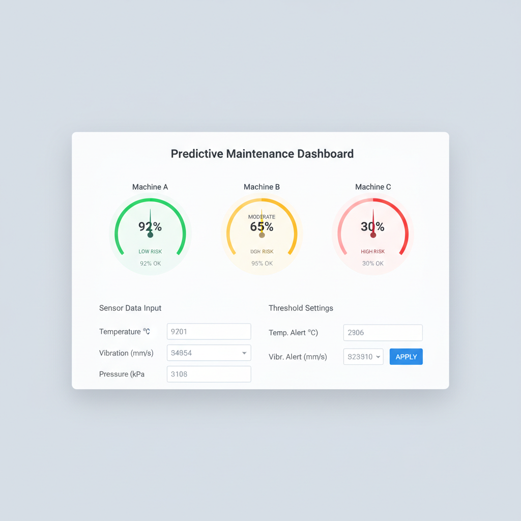 screenshot of a simple web dashboard for predictive maintenance, showing risk gauges and sensor input fields, clean UI