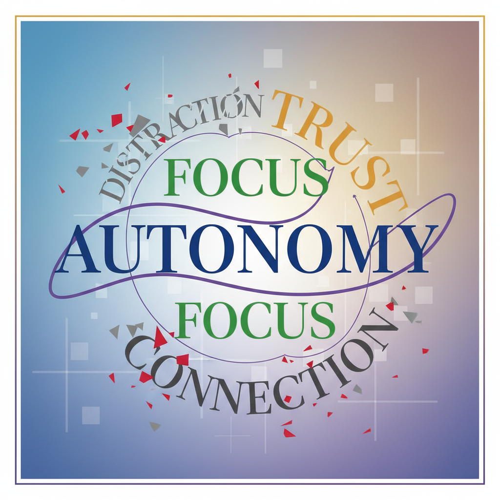 Abstract word cloud illustration with words Autonomy, Trust, Focus, Distraction, Connection