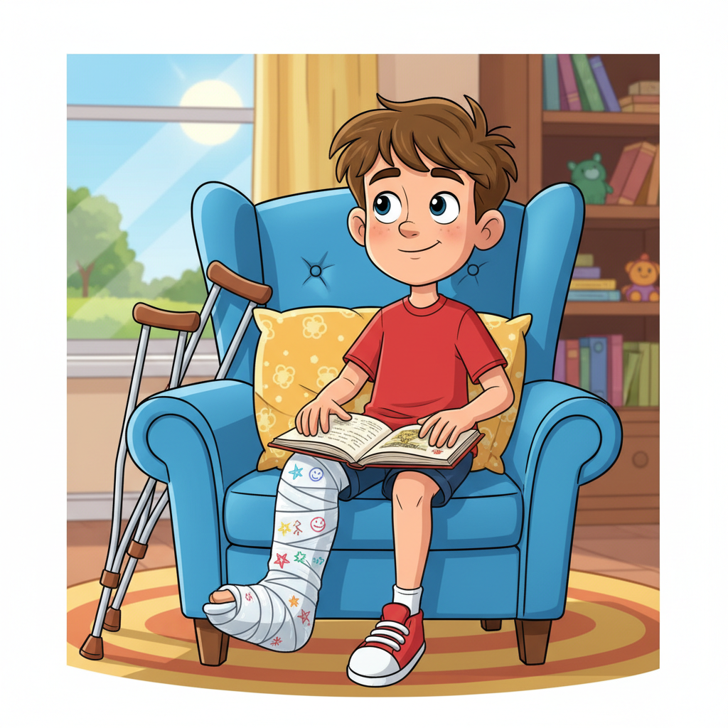 illustration of a boy with a cast on his leg sitting in a chair, cartoon style