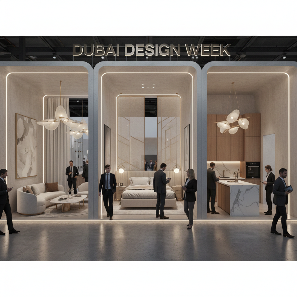 Architectural rendering of an exhibition booth at Dubai Design Week, luxury apartment vignettes, modern lighting, visitors walking through