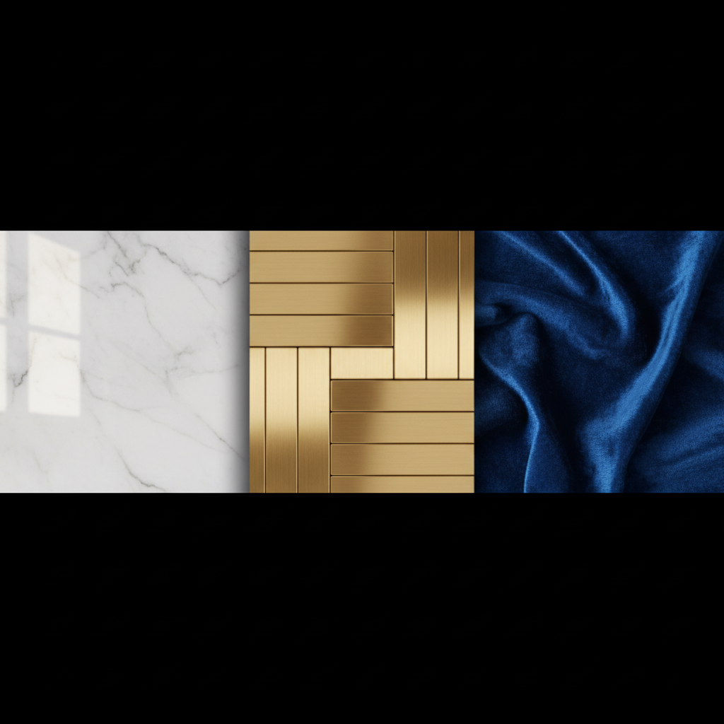 Strip of textured luxury interior design details, marble, brass, velvet, close up editorial