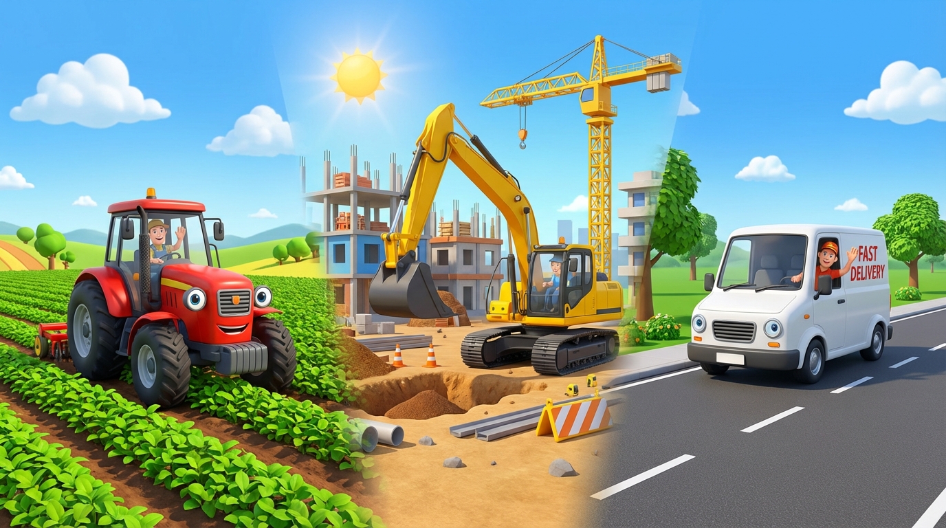 Bright cartoon scene with tractor, excavator, and delivery van