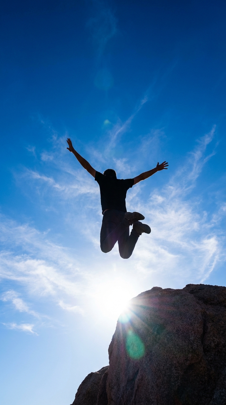 Person jumping with joy against a blue sky, low angle shot, freedom, vitality