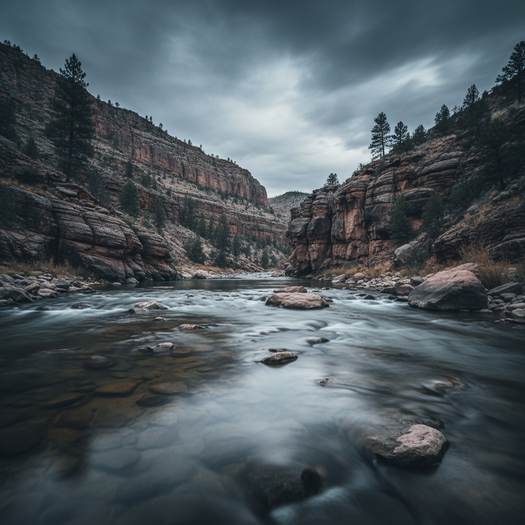 wide cinematic shot of a river flowing through a canyon, mix of calm water and light rapids, minimalist nature photography, moody