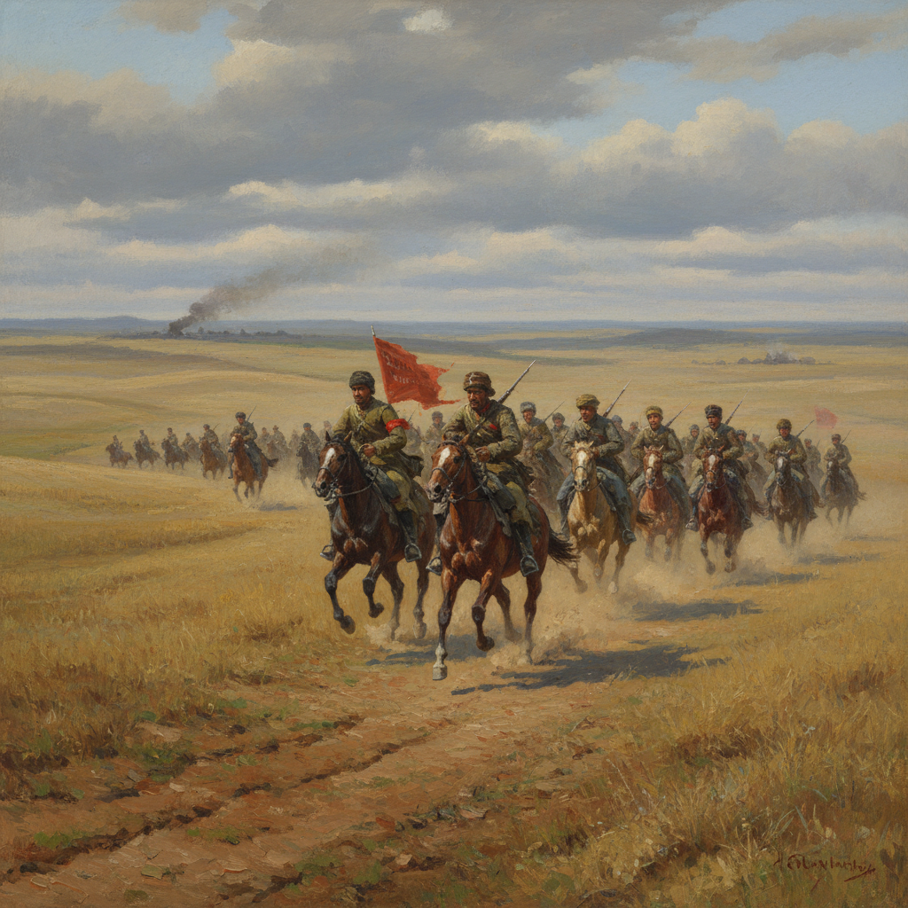Russian Civil War cavalry riding through Don steppe painting style realistic muted colors