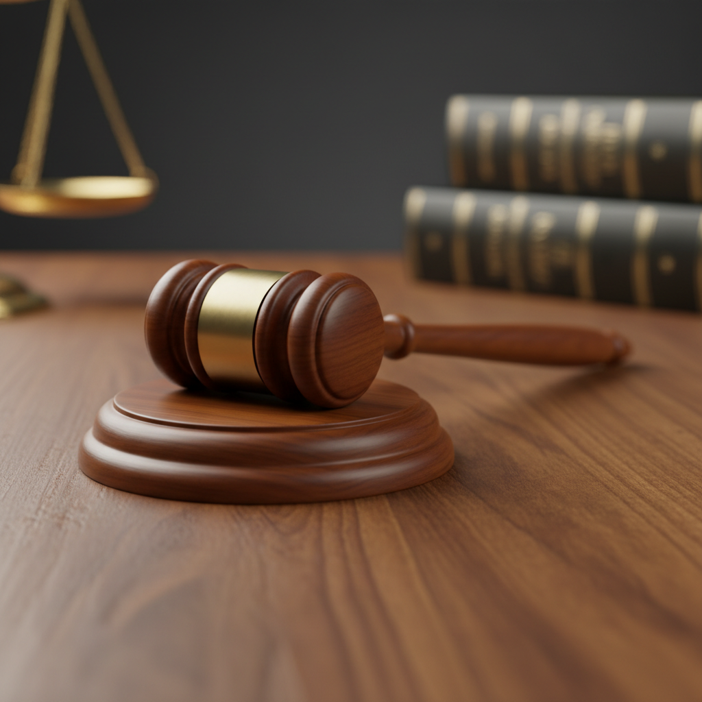 Legal gavel on a wooden table, sharp focus, professional