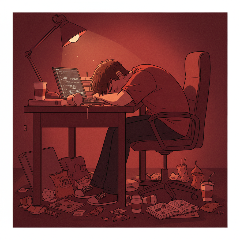An illustration of a student slumped over a desk, looking tired and stressed, surrounded by junk food wrappers, reddish color tones