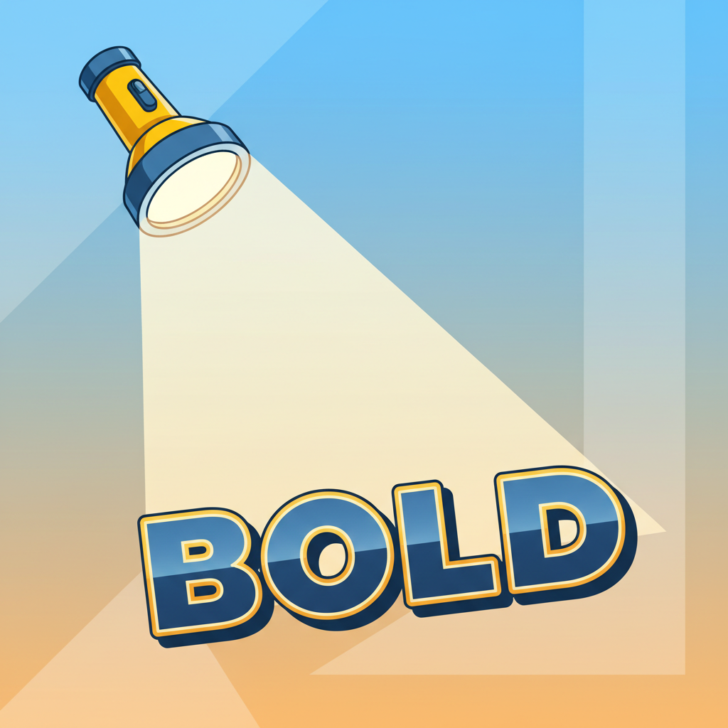 illustration of a cartoon flashlight shining light on the word BOLD written in thick heavy letters