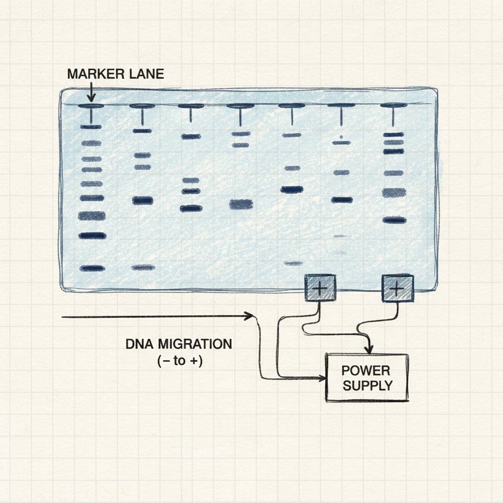 diagram of gel electrophoresis results showing bands of DNA in lanes, labeled marker lane, science sketch style