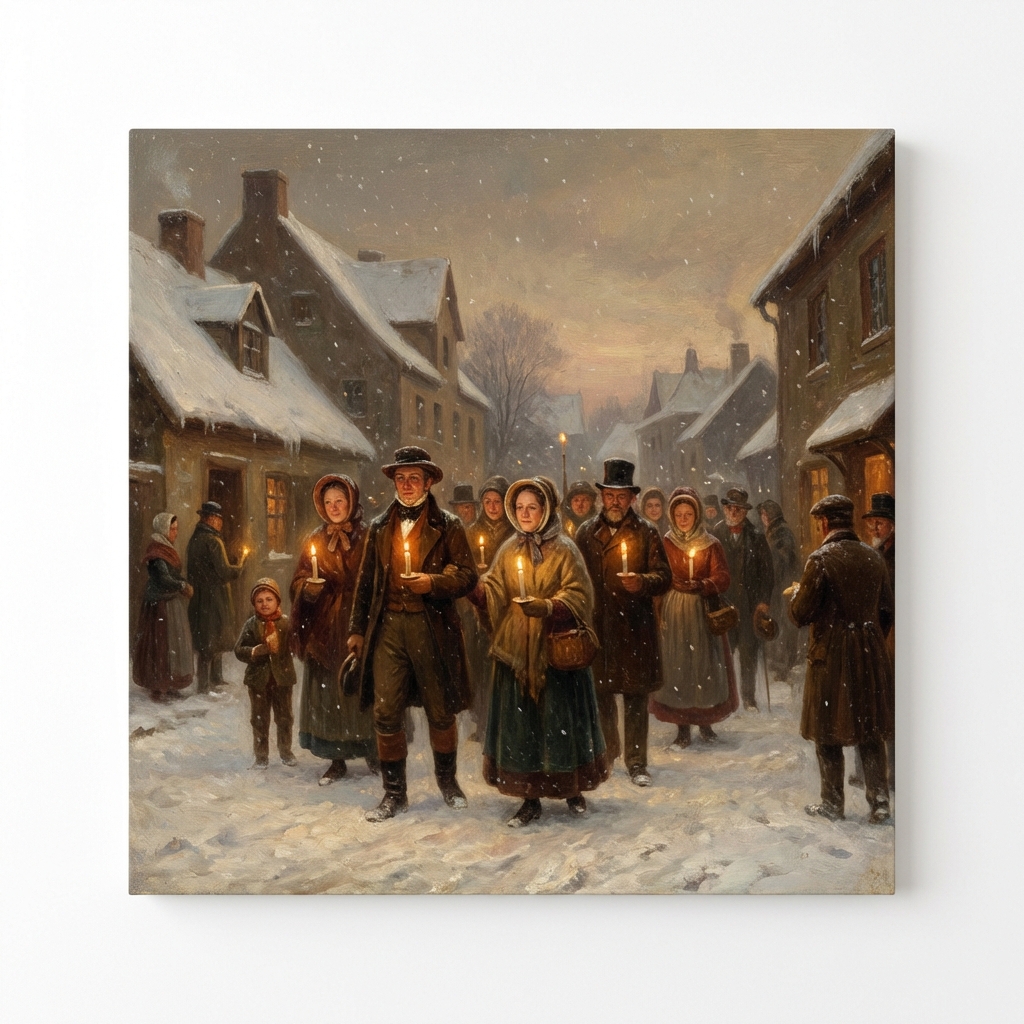 Old fashioned painting of people in 1800s winter holding candles, Candlemas tradition