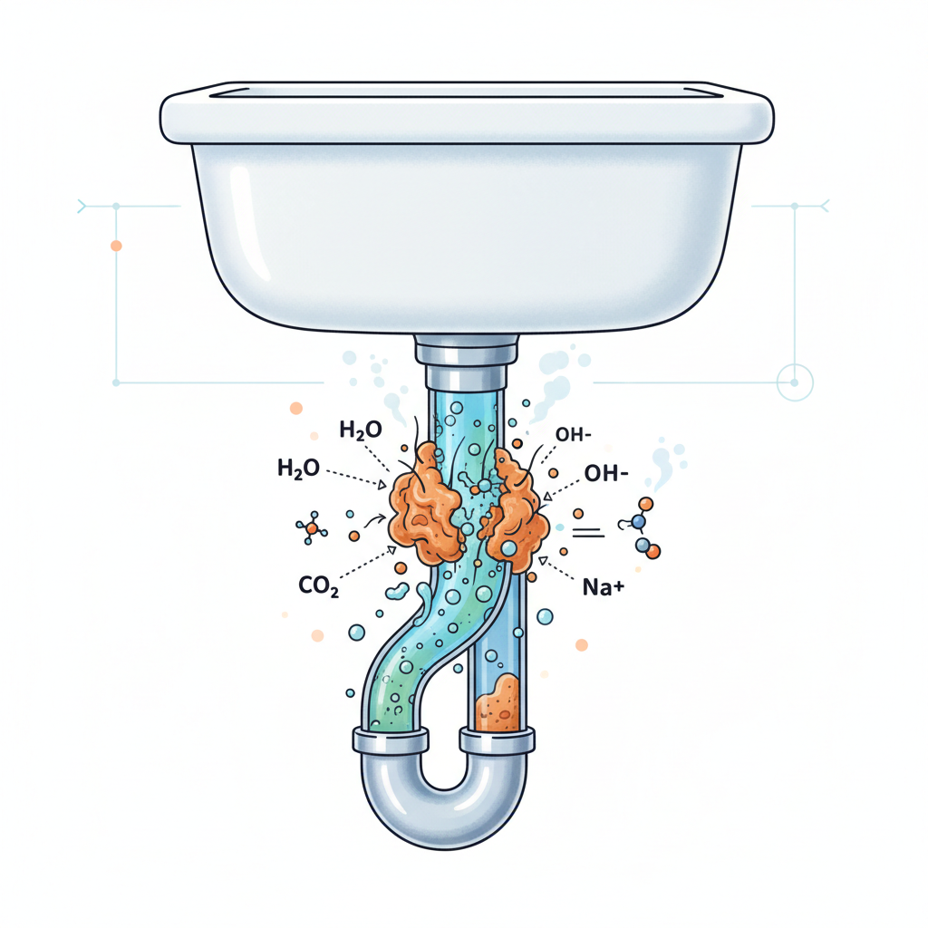cross section of a kitchen sink drain pipe being cleaned, chemistry illustration style