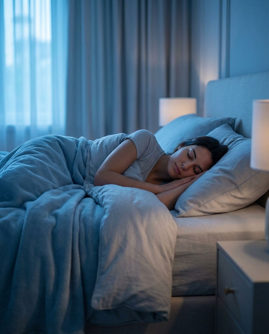 A person sleeping peacefully in a comfortable bed, soft blue lighting, concept of rest and recovery
