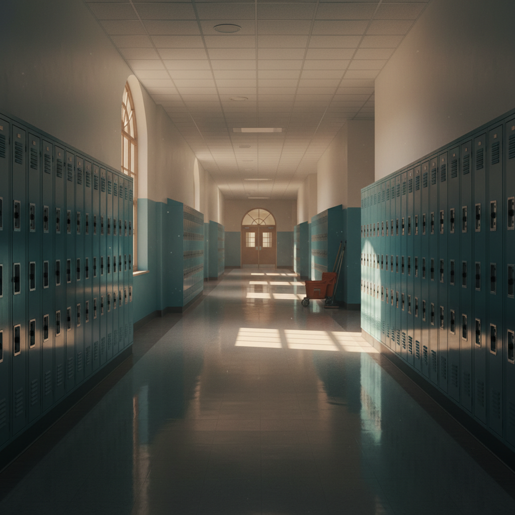 empty school hallway with lockers, soft dramatic lighting, cinematic, melancholic but high quality, 4k
