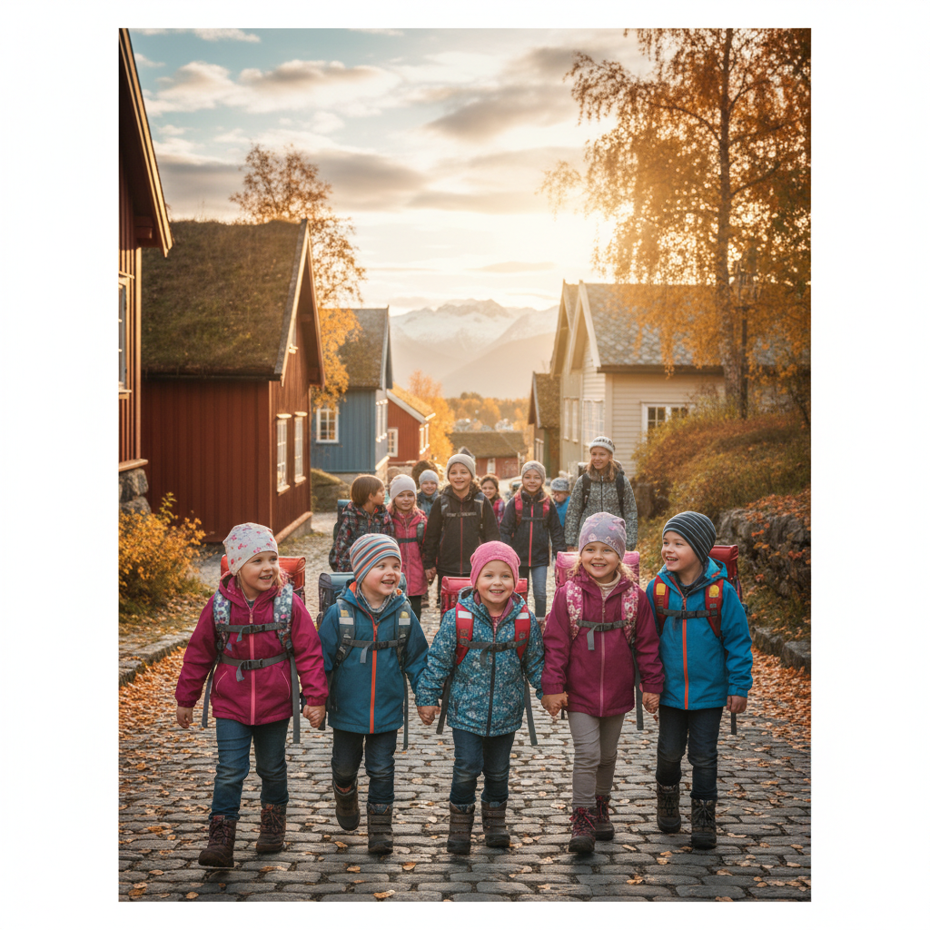 happy norwegian children walking to school in autumn carrying backpacks, warm lighting, photorealistic, friendly atmosphere, norwegian architecture in background