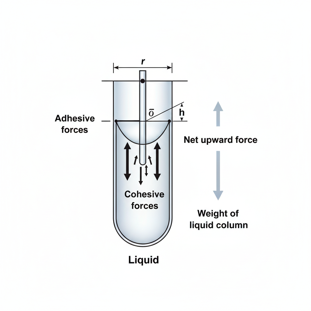 diagram of capillary rise, showing forces, angle of contact theta, meniscus curvature, height h, and radius r, scientific textbook style, white background