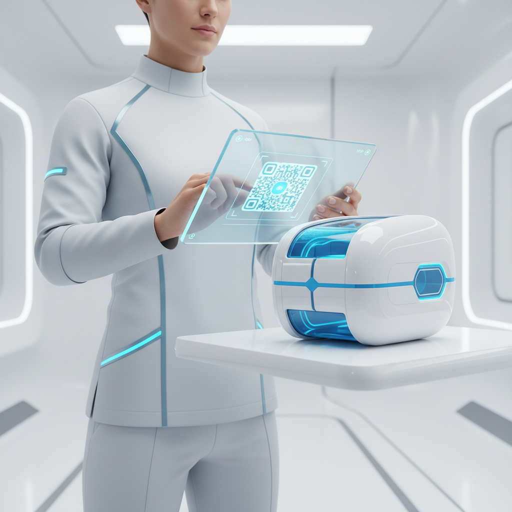 doctor using tablet scanning qr code on medical device, futuristic, clean white setting