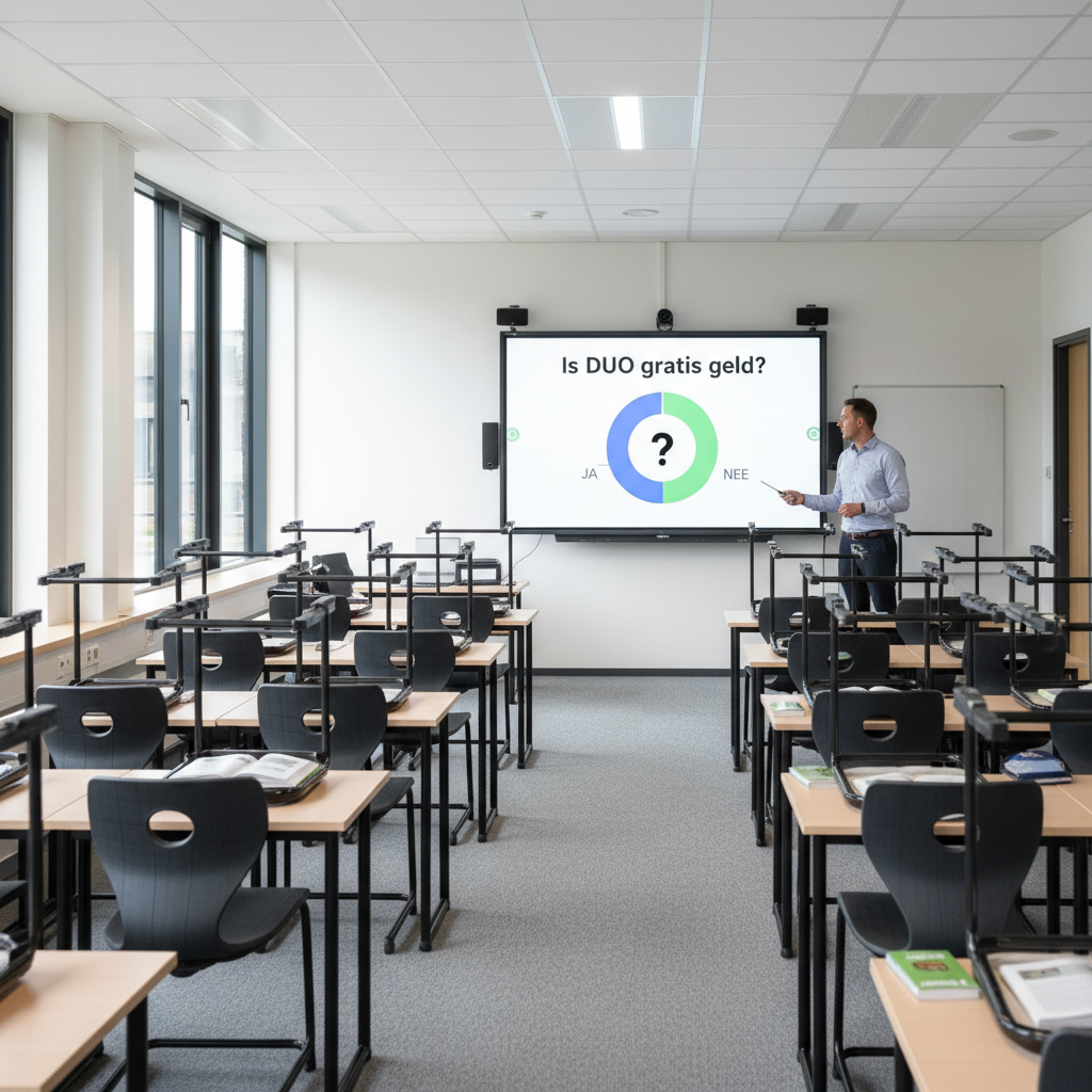 A view from the back of a classroom looking at a digital smartboard (Digibord). On the screen it says 'Is DUO gratis geld?' with a simple pie chart diagram below the text. A presenter is standing next to the board. Realistic educational setting.