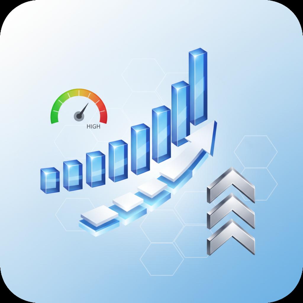 3D visualization of a performance dashboard icon, rising trend, modern business graphics
