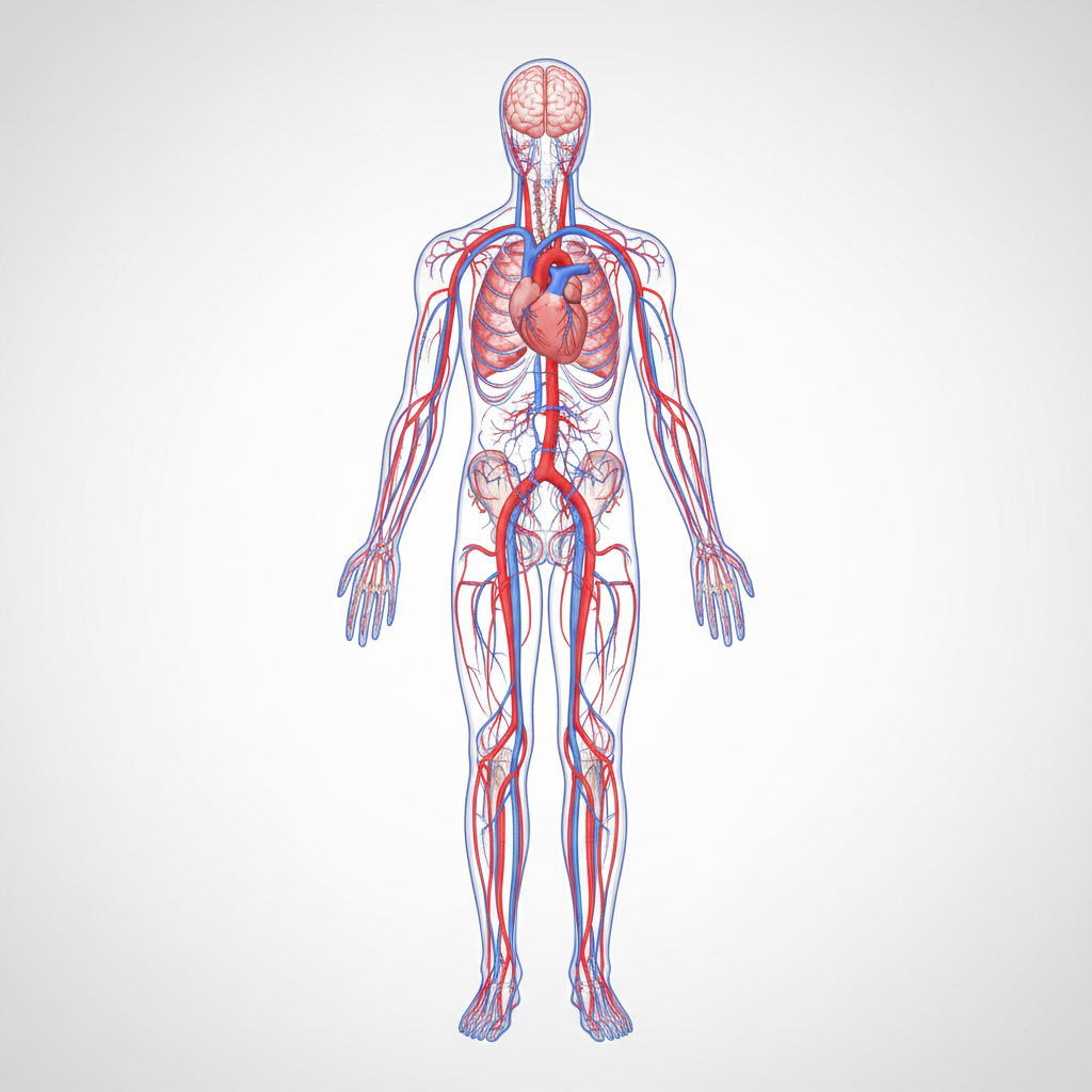Anatomical illustration of the human circulatory system, glowing red arteries and blue veins, clean medical style, minimal background, high definition