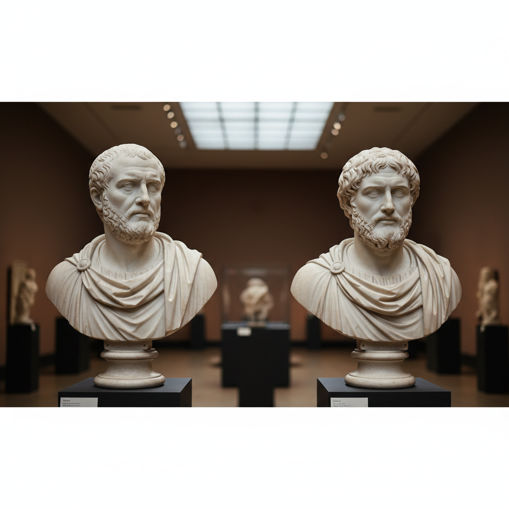Marble busts of Aeschylus and Sophocles side by side, museum lighting, classical sculpture
