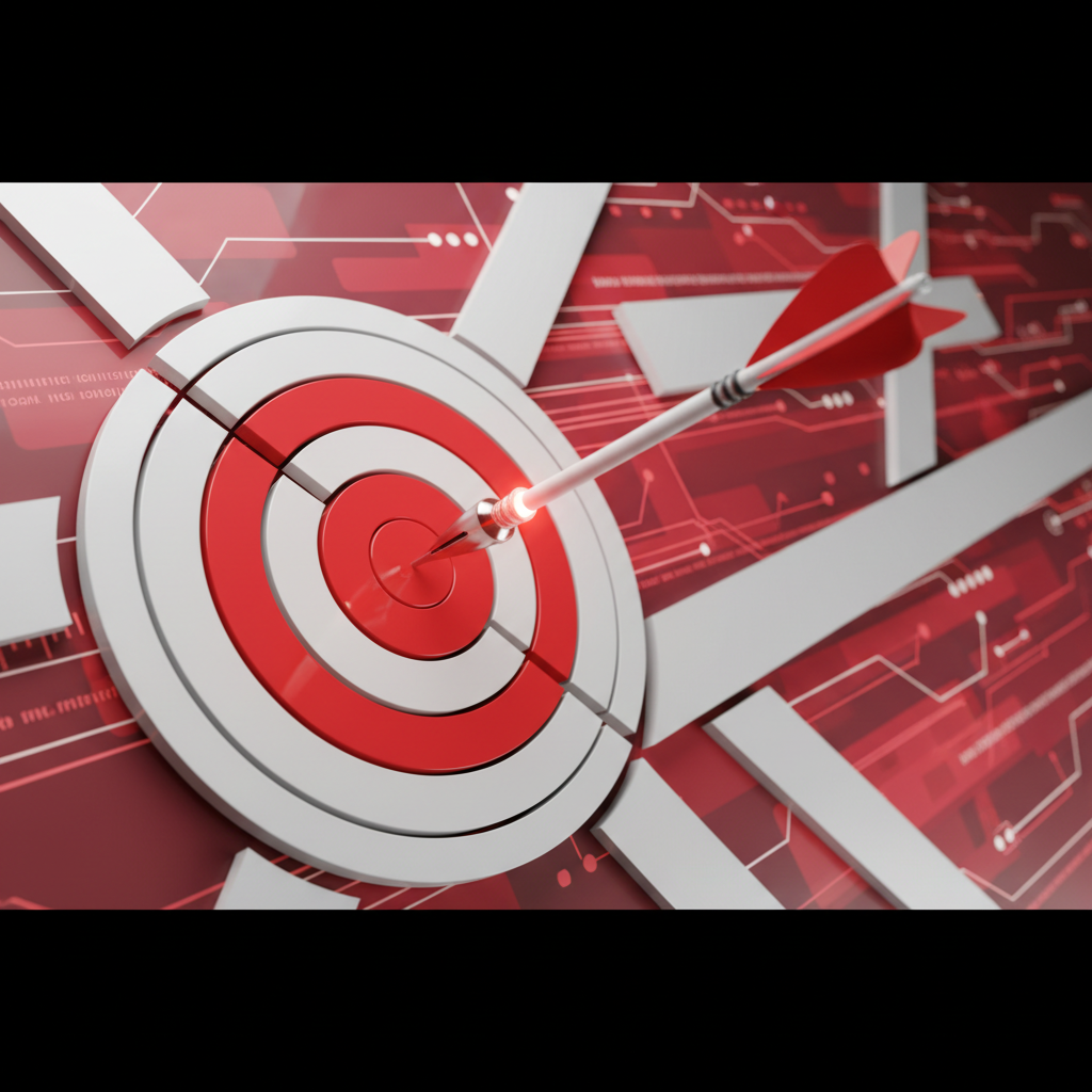 An arrow hitting the exact center of a target bullseye, dynamic angle, high contrast, red and white colors, 3d render signifying precision strategy
