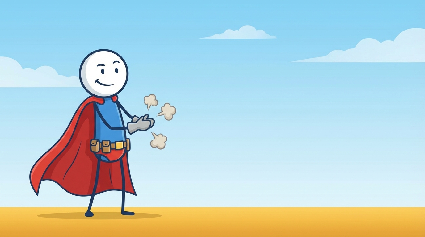 Hero stickman dusting off his hands, looking satisfied. The cape is resting calmly. Peaceful blue sky.