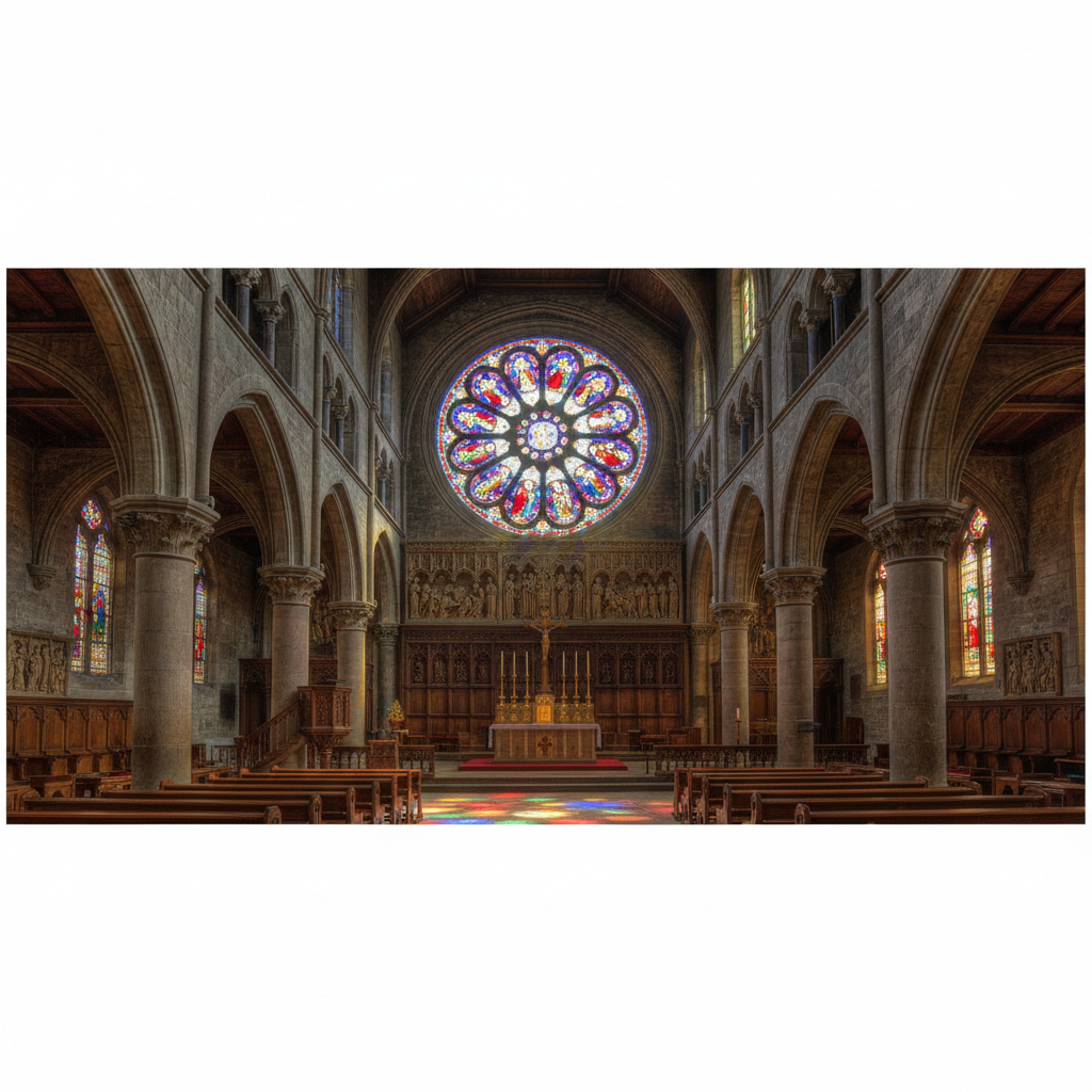 Interior of a medieval cathedral with light streaming through stained glass onto the altar