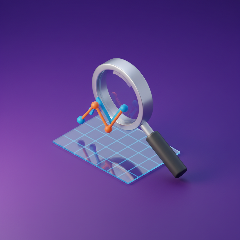 3D icon of a magnifying glass looking at a zig-zag graph, isometric style, purple background