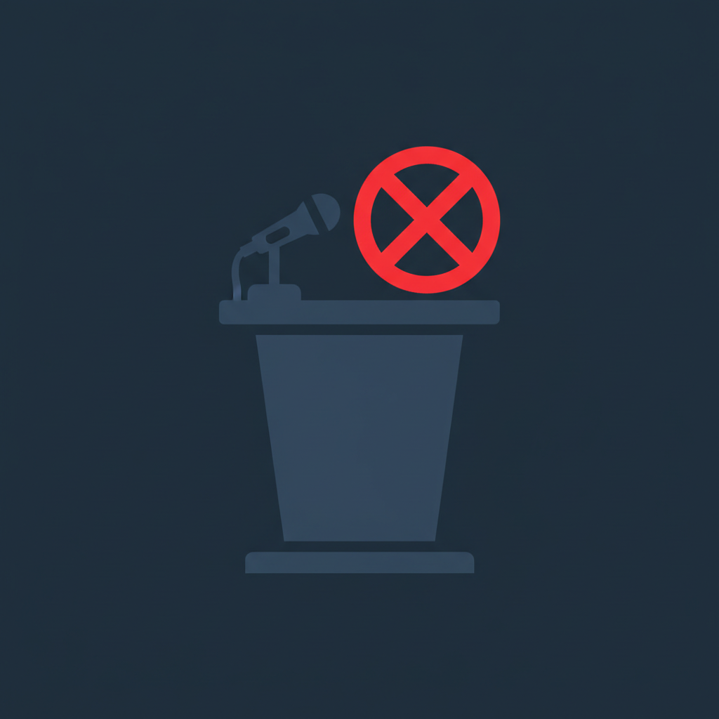 minimalist illustration of a podium with a microphone that has a red cancel line or mute symbol over it, plain dark blue colors, flat design style