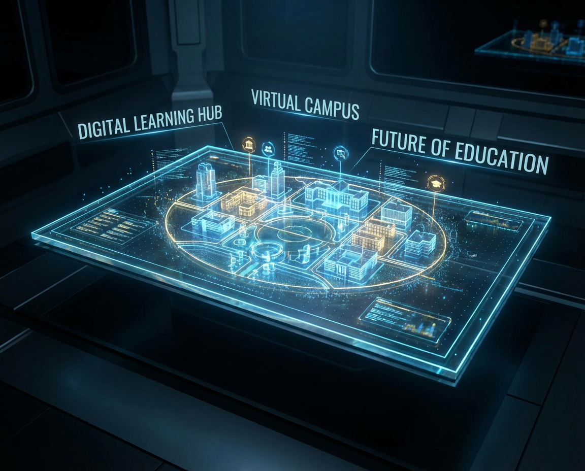 futuristic holographic interface showing university campus, blue and gold glow, digital education concept, 3D render