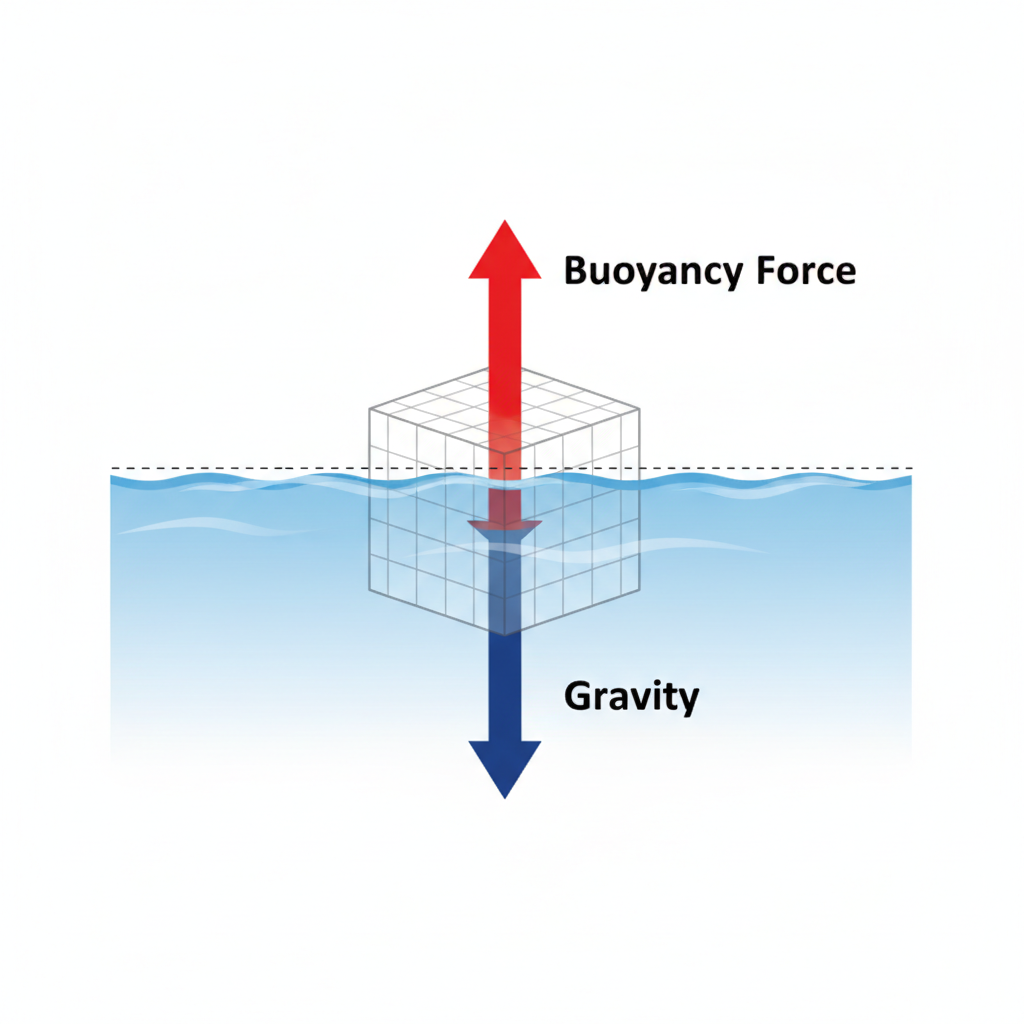 scientific diagram of a cube floating in water with a red vector arrow pointing up representing buoyancy force and a blue arrow pointing down representing gravity, clean textbook style on white background