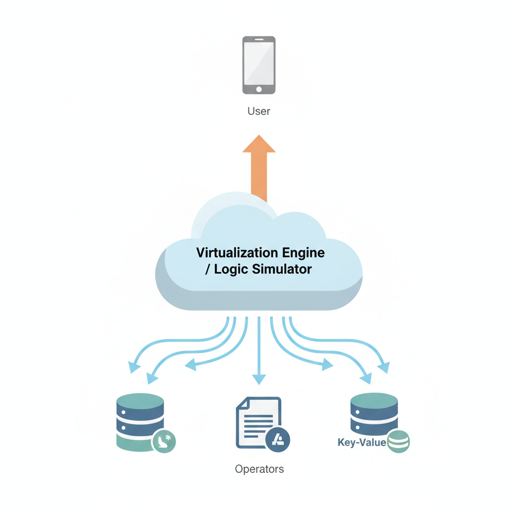Technical architecture diagram using flat vector style. Bottom layer: Multiple disparate database icons labeled 'Operators'. Middle Layer: A large cloud icon labeled 'Virtualization Engine / Logic Simulator'. Top Layer: A single smartphone icon labeled 'User'. Arrows flow only from bottom to cloud (learning) and cloud to top (service). Clean white background.