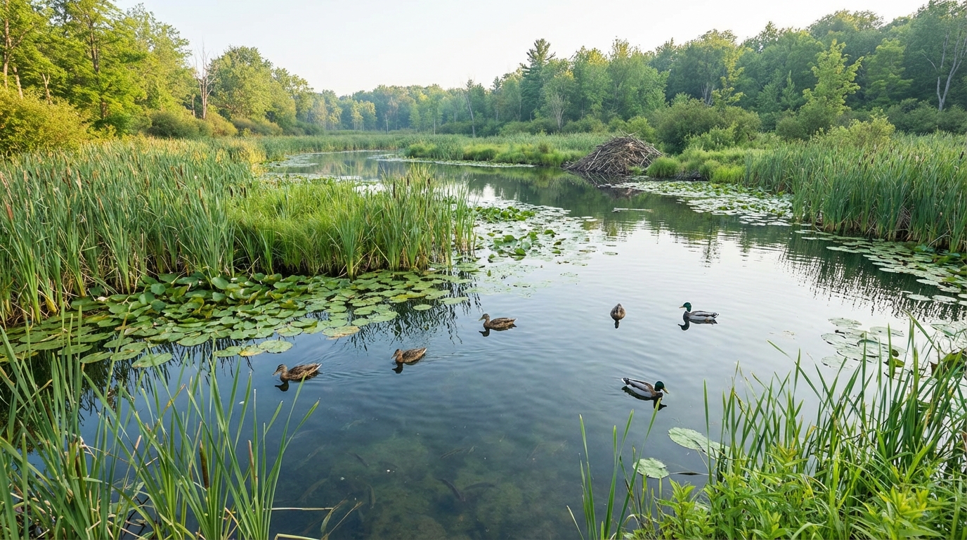 Beaver wetland ecosystem, lush green pond with ducks and fish, wide angle