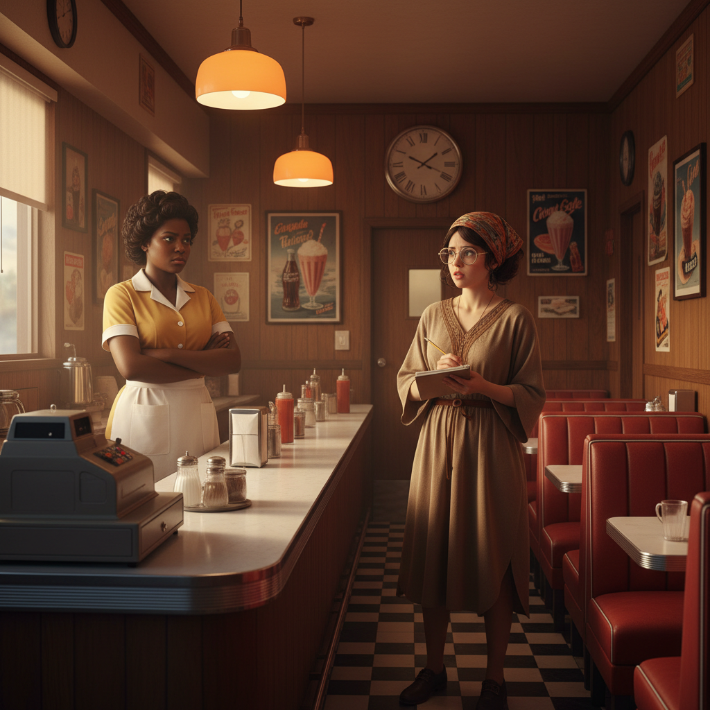 Interior of a small 1970s diner restaurant, African American woman behind counter looking stern, artist lady looking confused, cinematic warm lighting