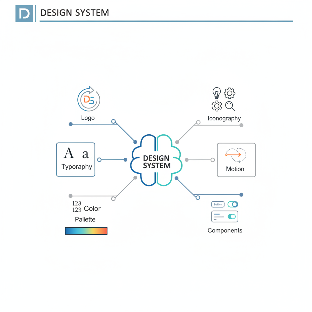 infographic diagram of a design system, labeled components: Logo, Typography, Color Palette, Iconography, Motion, Components, clean vector style technical drawing
