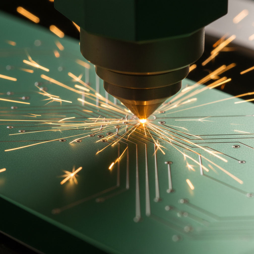 Close up macro shot of laser engraving on green matte metal, golden sparks, precision manufacturing