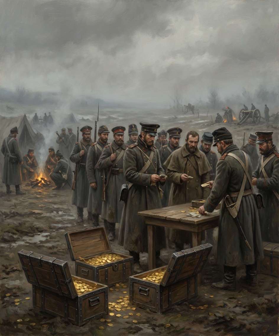 Cinematic scene of 19th century soldiers receiving payments, gold coins in wooden chests, dark misty battlefield background, realistic oil painting style