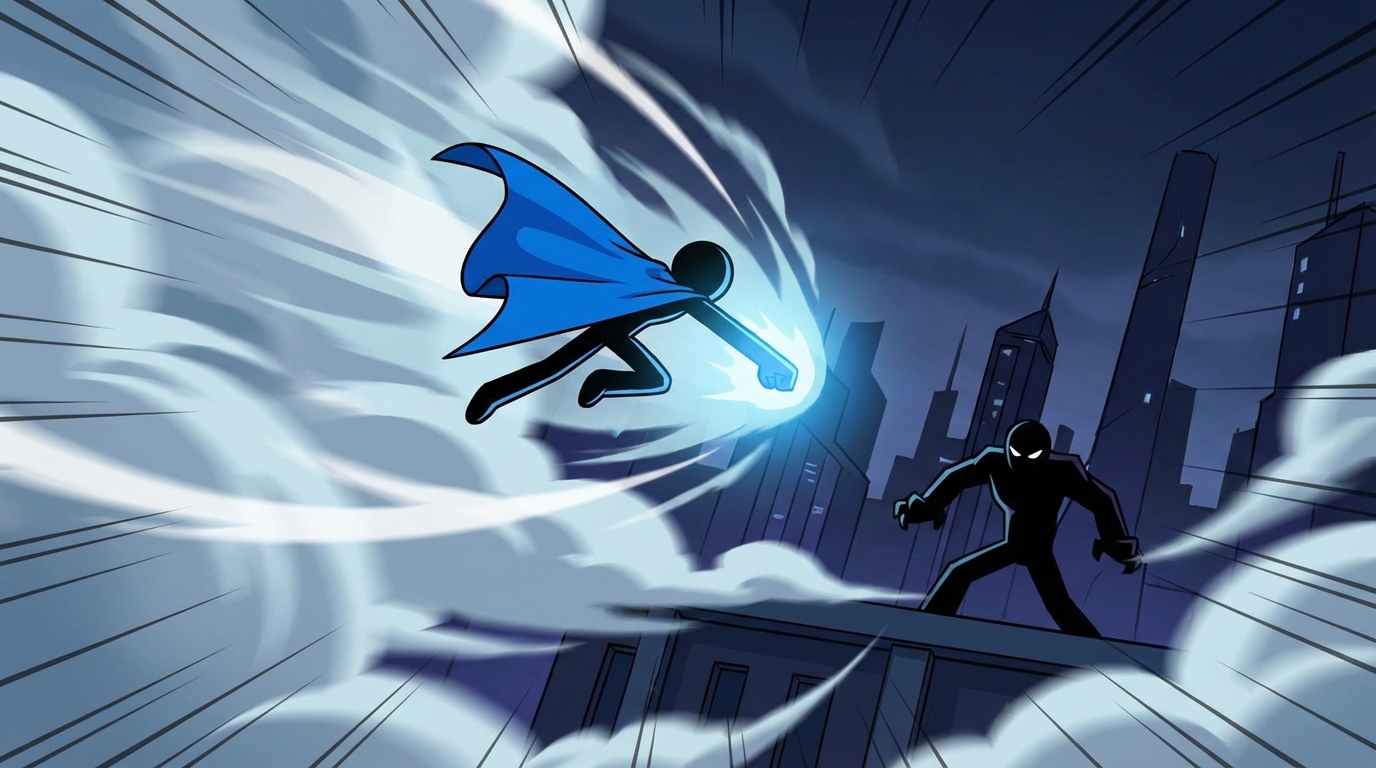 Hero stickman dives down towards the villain at high speed. Fist extended forward. Dramatic perspective. Animated style.