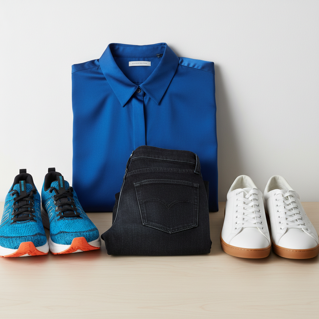 Folded dark denim jeans, running shoes, white sneakers, and a silk shirt, arranged neatly, product photography
