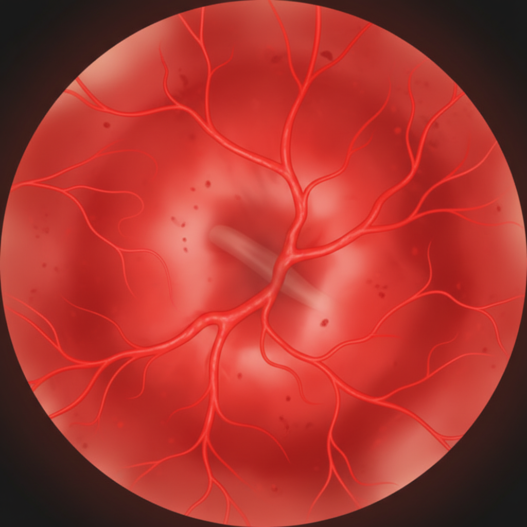 Medical illustration of inflamed tympanic membrane, red, bulging, blood vessels visible, otoscopy view, no text, no labels, no words