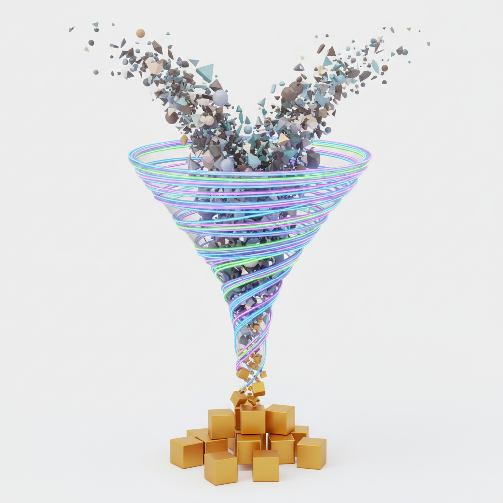 Abstract 3D illustration of a glowing funnel where diverse raw data enters and polished golden cubes exit, symbolizing sales funnel optimization, clean white background