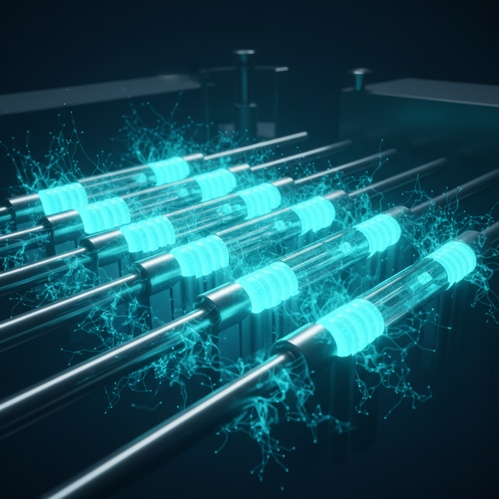 close up of glowing uranium pellets inside fuel rod assembly, blue cherenkov radiation glow, scientific visualization, high quality